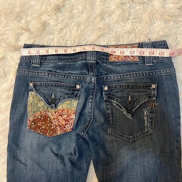 Miss Me Y2K Flare Jeans 2/3 Low Rise Paisley Print Corduroy Pockets Medium Wash - Picture 3 of 7